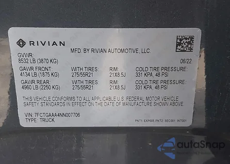 2022 Rivian R1T Adventure из США, поврежденный, VIN 7FCTGAAA4NN007706